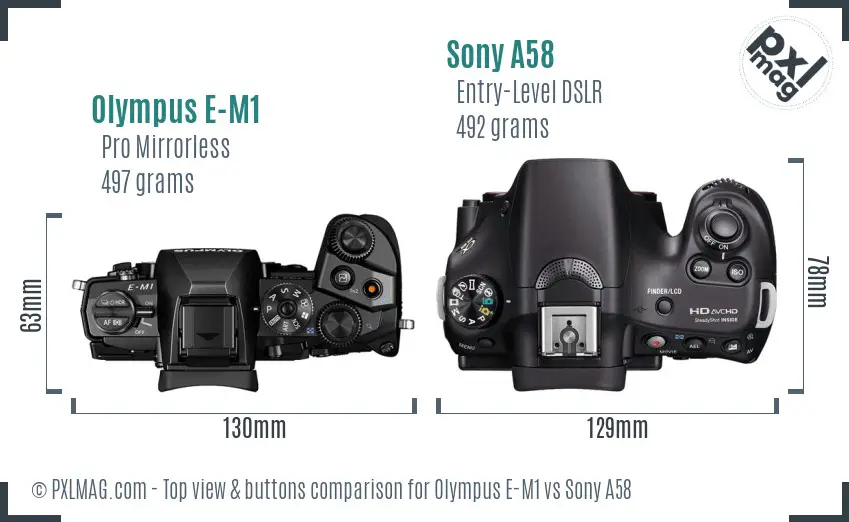 Olympus E-M1 vs Sony A58 top view buttons comparison
