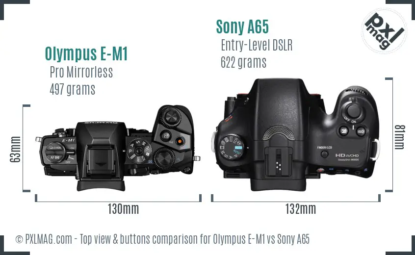 Olympus E-M1 vs Sony A65 top view buttons comparison