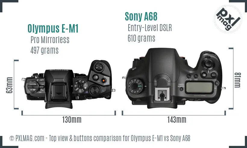 Olympus E-M1 vs Sony A68 top view buttons comparison