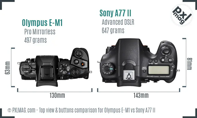 Olympus E-M1 vs Sony A77 II top view buttons comparison
