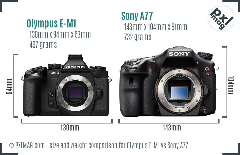 Olympus E-M1 vs Sony A77 size comparison