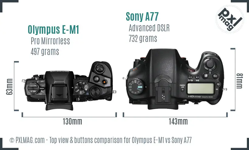 Olympus E-M1 vs Sony A77 top view buttons comparison