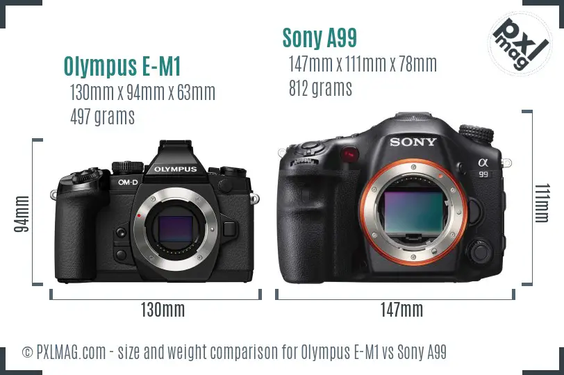 Olympus E-M1 vs Sony A99 size comparison