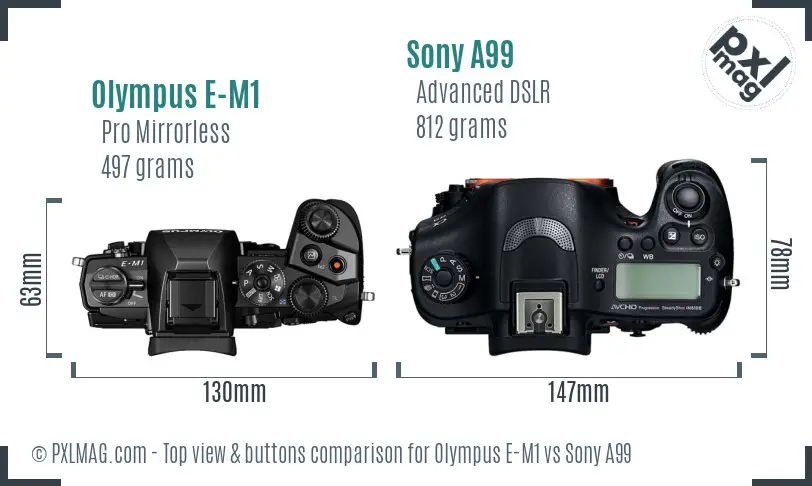 Olympus E-M1 vs Sony A99 top view buttons comparison