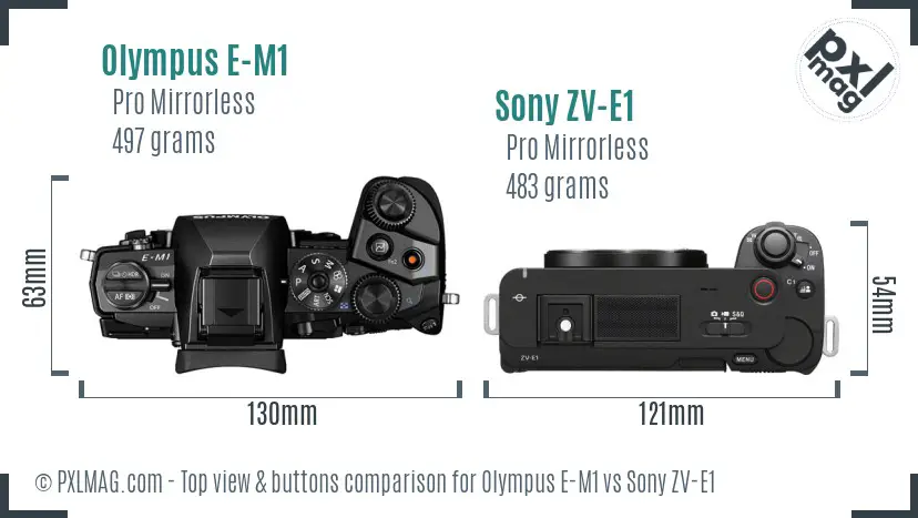 Olympus E-M1 vs Sony ZV-E1 top view buttons comparison