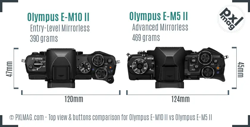 Olympus E-M10 II vs Olympus E-M5 II top view buttons comparison