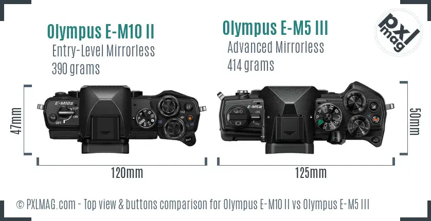 Olympus E-M10 II vs Olympus E-M5 III top view buttons comparison