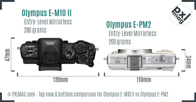 Olympus E-M10 II vs Olympus E-PM2 top view buttons comparison