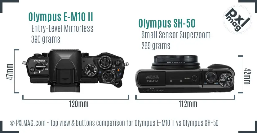 Olympus E-M10 II vs Olympus SH-50 top view buttons comparison