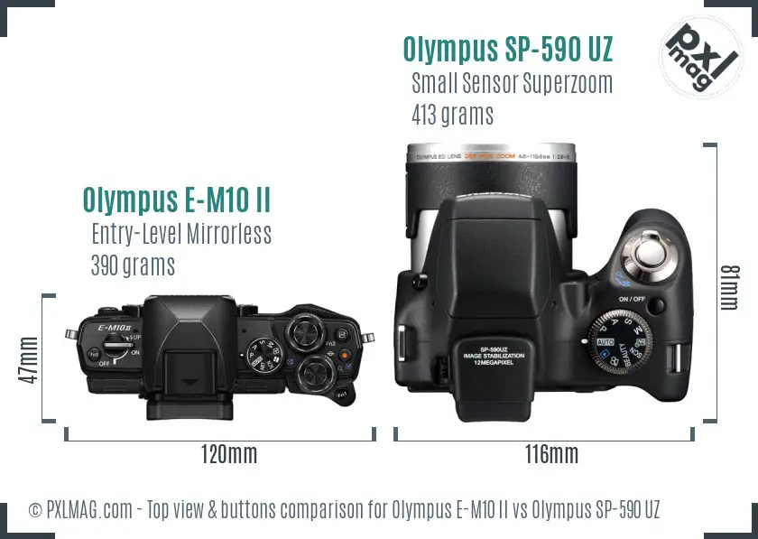 Olympus E-M10 II vs Olympus SP-590 UZ top view buttons comparison