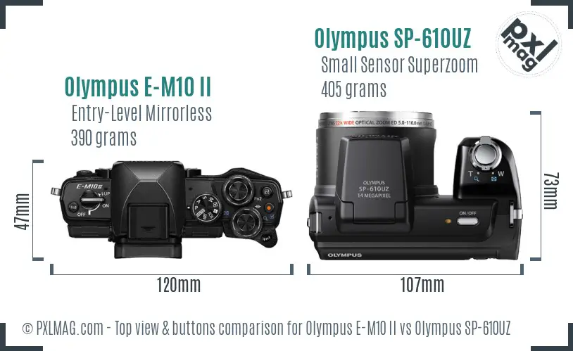 Olympus E-M10 II vs Olympus SP-610UZ top view buttons comparison