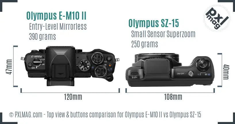 Olympus E-M10 II vs Olympus SZ-15 top view buttons comparison