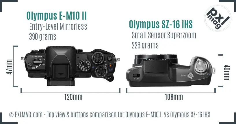 Olympus E-M10 II vs Olympus SZ-16 iHS top view buttons comparison
