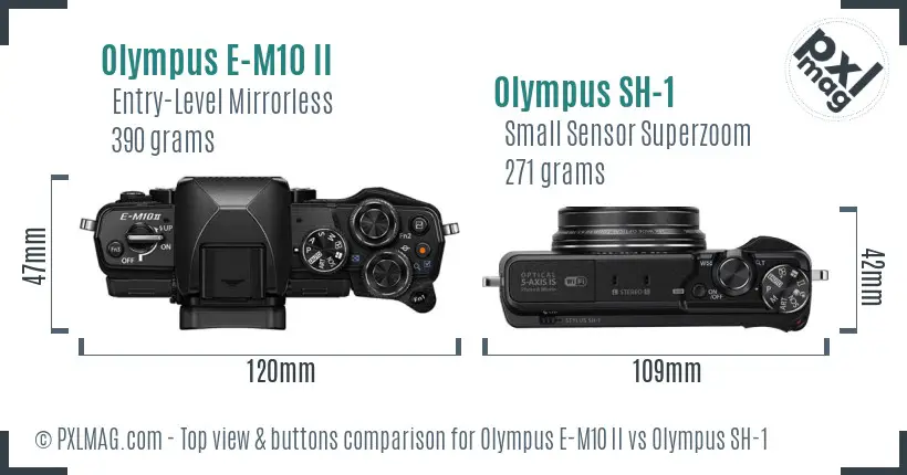 Olympus E-M10 II vs Olympus SH-1 top view buttons comparison