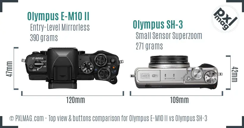 Olympus E-M10 II vs Olympus SH-3 top view buttons comparison