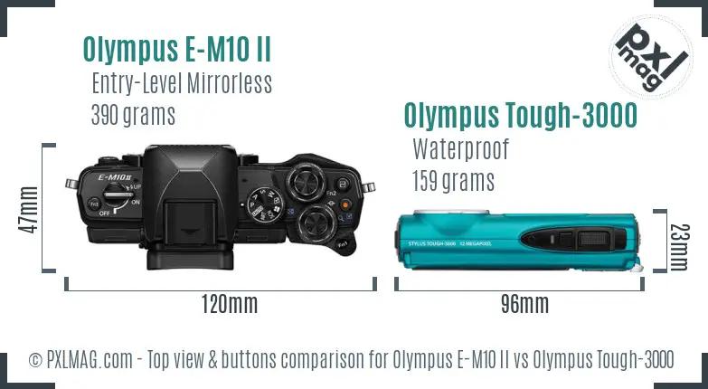 Olympus E-M10 II vs Olympus Tough-3000 top view buttons comparison