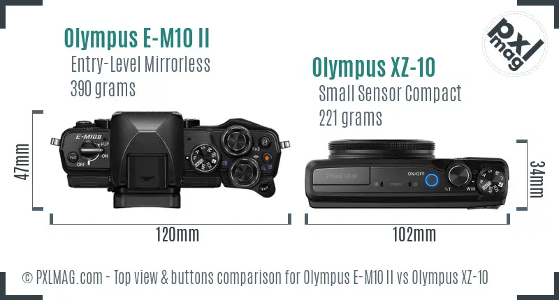 Olympus E-M10 II vs Olympus XZ-10 top view buttons comparison
