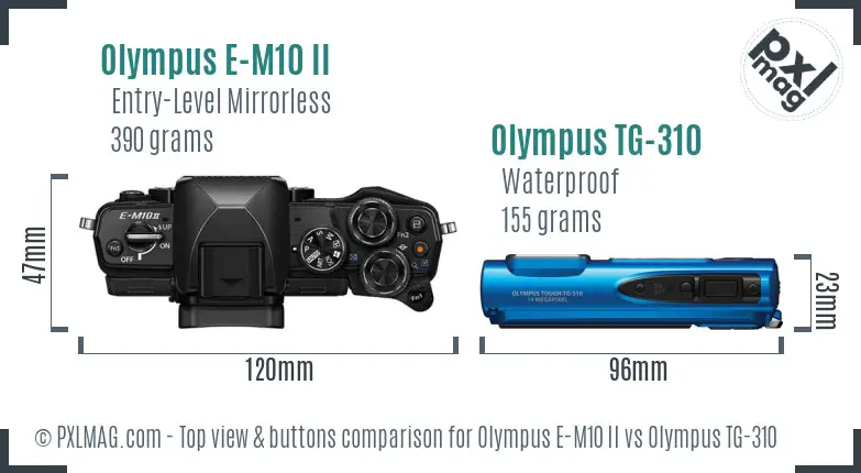 Olympus E-M10 II vs Olympus TG-310 top view buttons comparison