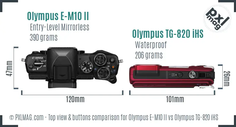 Olympus E-M10 II vs Olympus TG-820 iHS top view buttons comparison