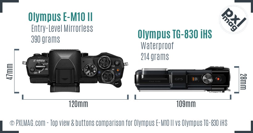 Olympus E-M10 II vs Olympus TG-830 iHS top view buttons comparison