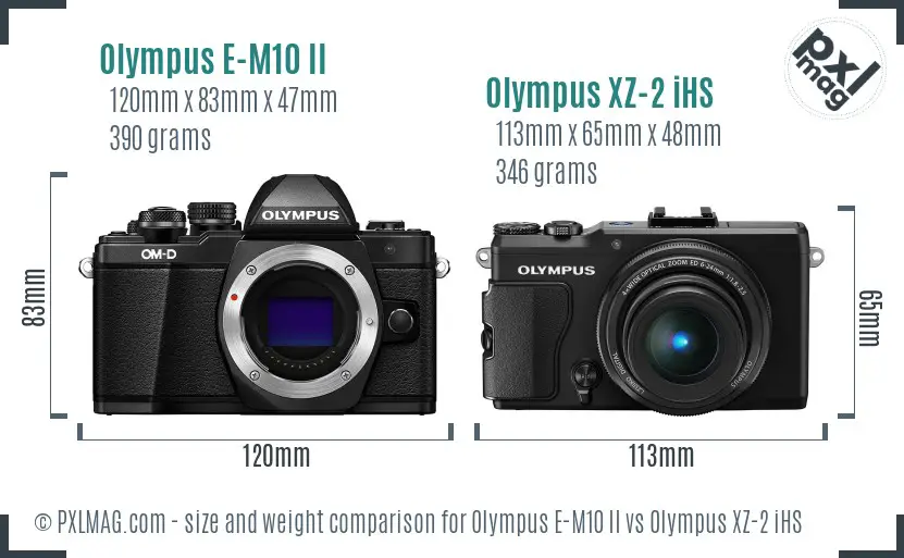 Olympus E-M10 II vs Olympus XZ-2 iHS size comparison