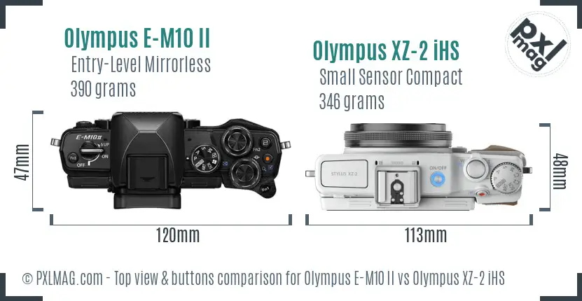Olympus E-M10 II vs Olympus XZ-2 iHS top view buttons comparison