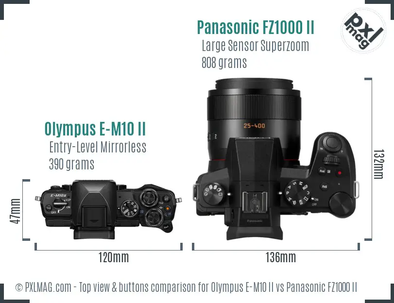 Olympus E-M10 II vs Panasonic FZ1000 II top view buttons comparison