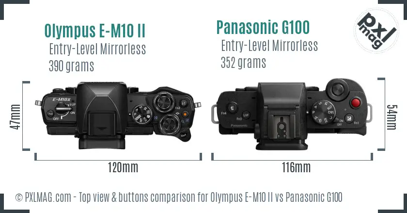 Olympus E-M10 II vs Panasonic G100 top view buttons comparison