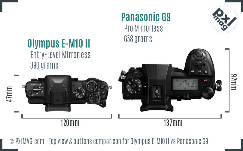 Olympus E-M10 II vs Panasonic G9 top view buttons comparison