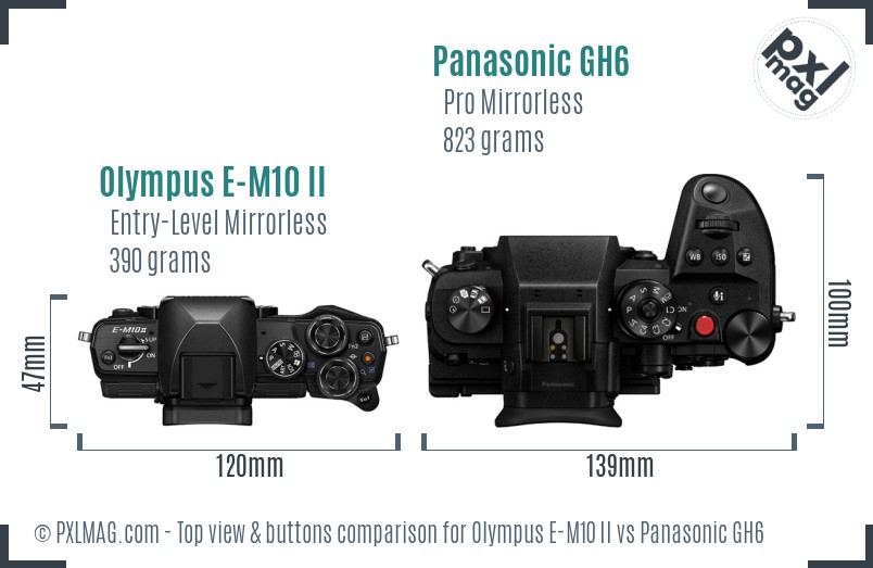 Olympus E-M10 II vs Panasonic GH6 top view buttons comparison
