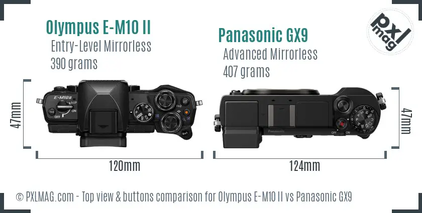 Olympus E-M10 II vs Panasonic GX9 top view buttons comparison