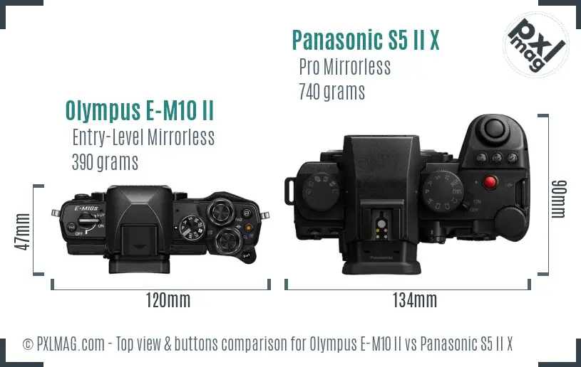 Olympus E-M10 II vs Panasonic S5 II X top view buttons comparison