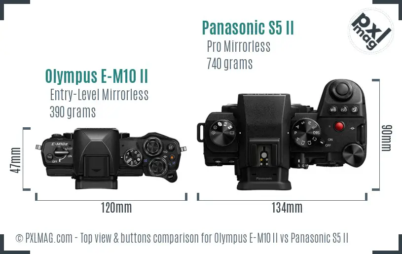 Olympus E-M10 II vs Panasonic S5 II top view buttons comparison