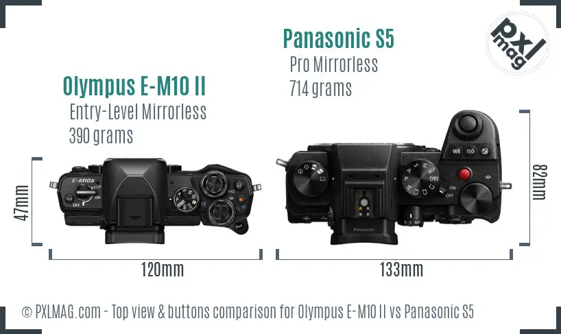Olympus E-M10 II vs Panasonic S5 top view buttons comparison