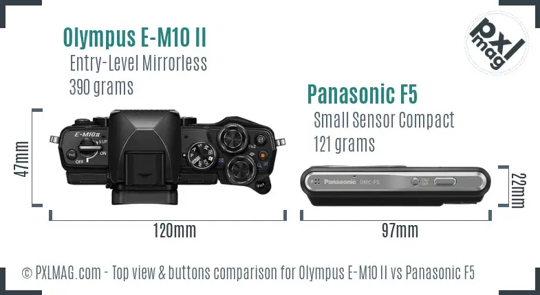 Olympus E-M10 II vs Panasonic F5 top view buttons comparison