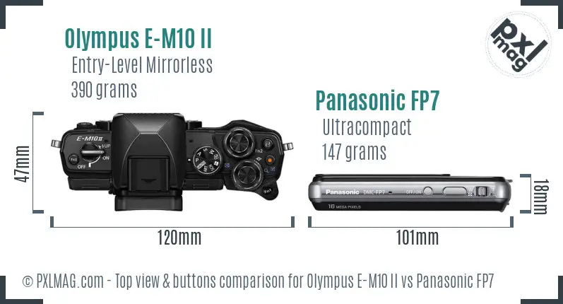 Olympus E-M10 II vs Panasonic FP7 top view buttons comparison