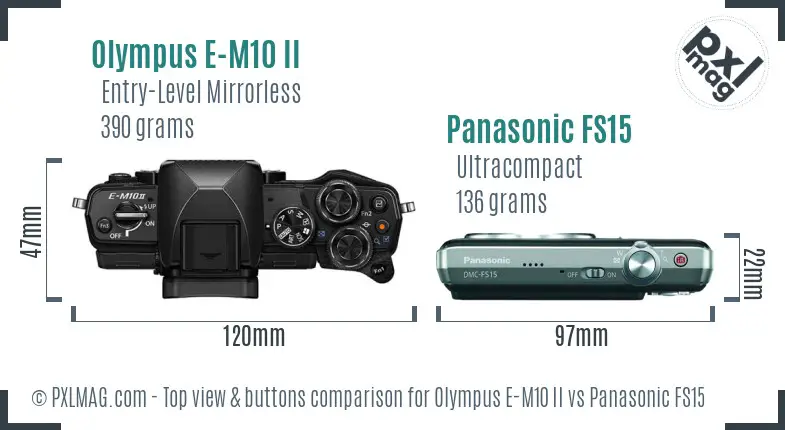 Olympus E-M10 II vs Panasonic FS15 top view buttons comparison