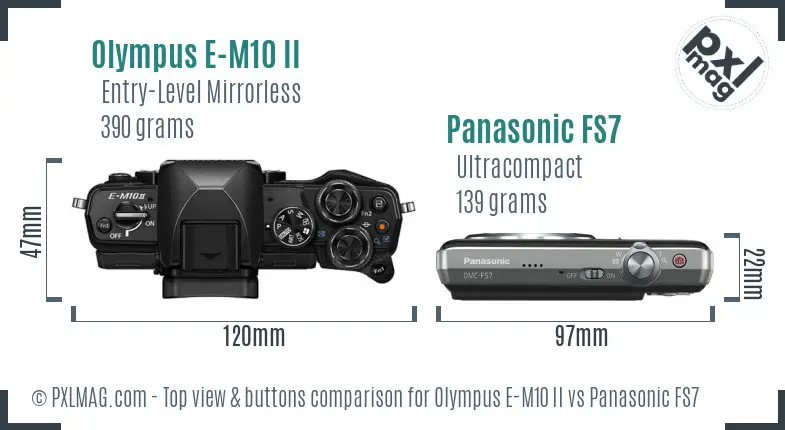 Olympus E-M10 II vs Panasonic FS7 top view buttons comparison