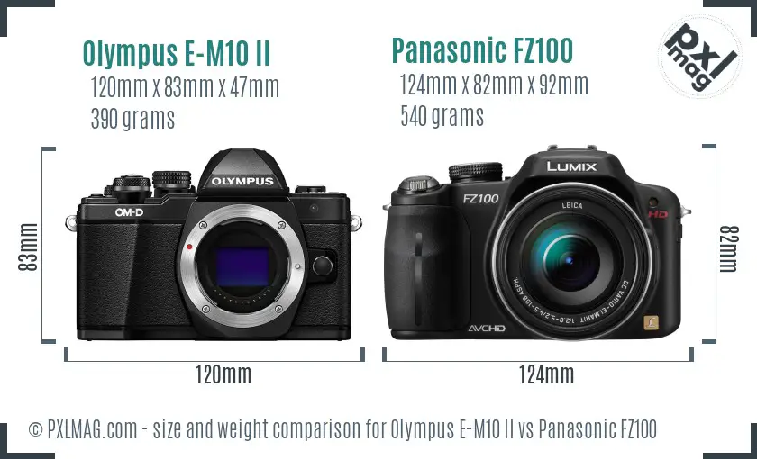 Olympus E-M10 II vs Panasonic FZ100 size comparison