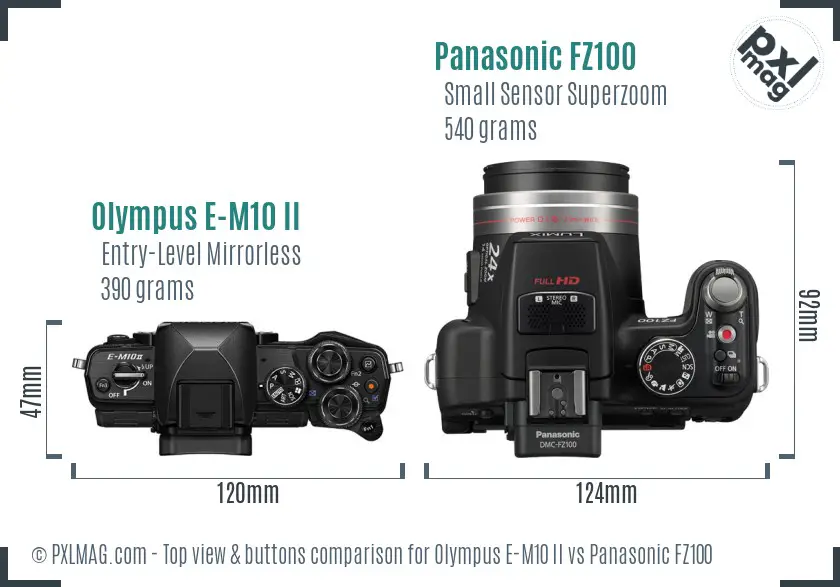 Olympus E-M10 II vs Panasonic FZ100 top view buttons comparison