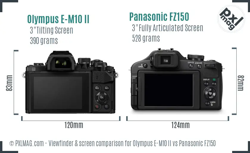 Olympus E-M10 II vs Panasonic FZ150 Screen and Viewfinder comparison