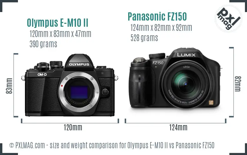 Olympus E-M10 II vs Panasonic FZ150 size comparison