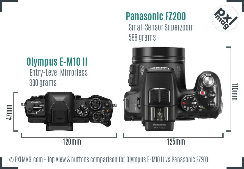 Olympus E-M10 II vs Panasonic FZ200 top view buttons comparison