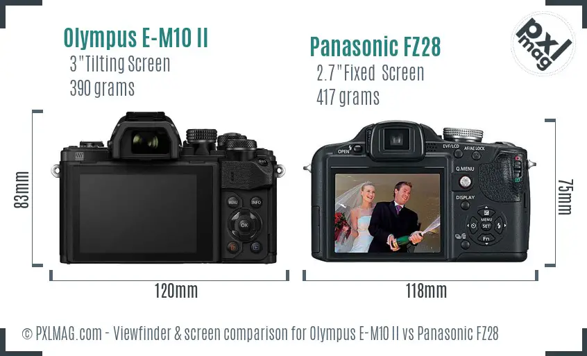 Olympus E-M10 II vs Panasonic FZ28 Screen and Viewfinder comparison