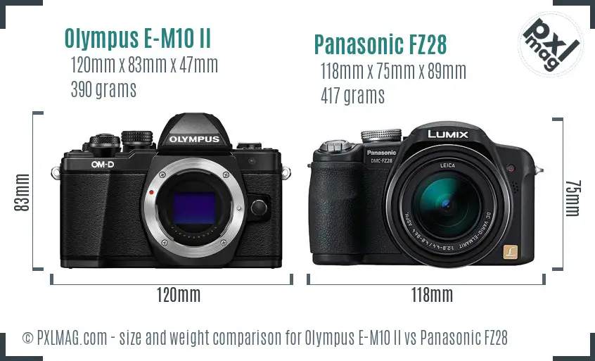 Olympus E-M10 II vs Panasonic FZ28 size comparison