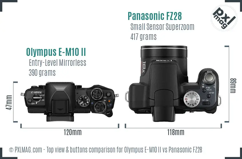 Olympus E-M10 II vs Panasonic FZ28 top view buttons comparison