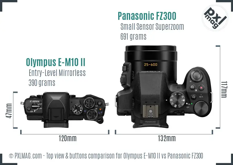Olympus E-M10 II vs Panasonic FZ300 top view buttons comparison