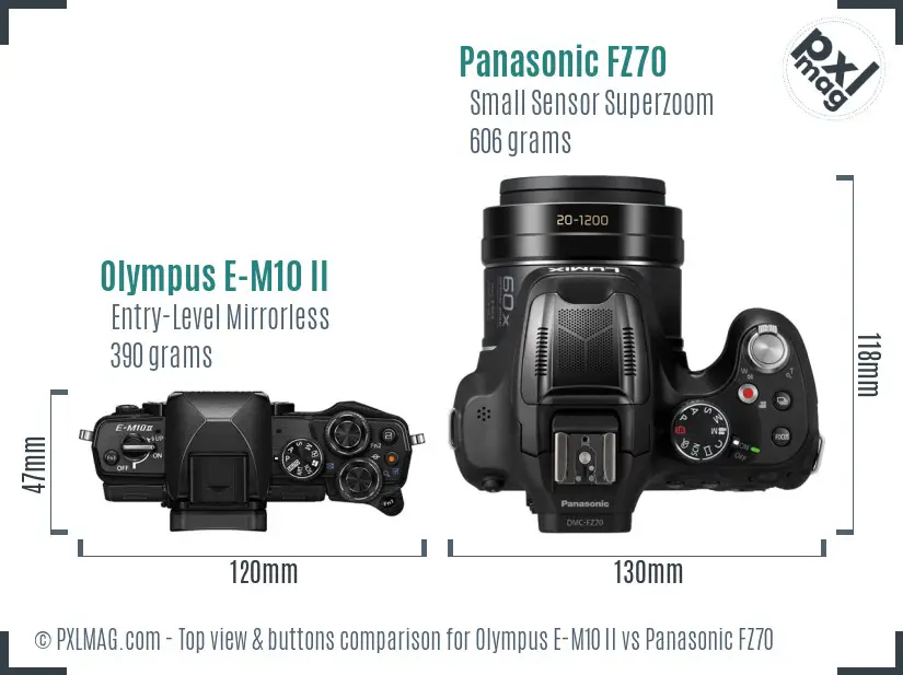 Olympus E-M10 II vs Panasonic FZ70 top view buttons comparison