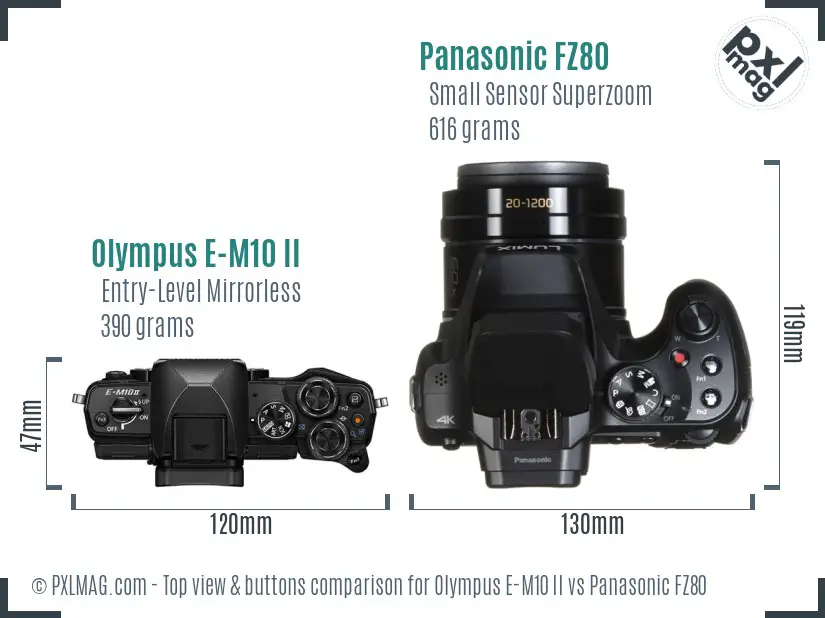 Olympus E-M10 II vs Panasonic FZ80 top view buttons comparison