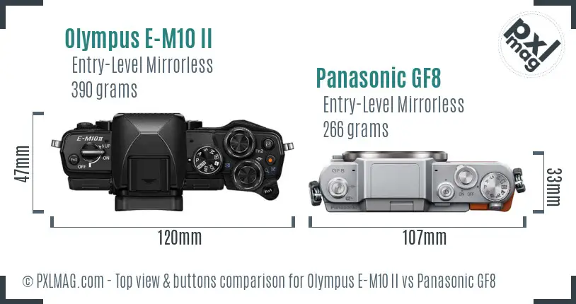 Olympus E-M10 II vs Panasonic GF8 top view buttons comparison